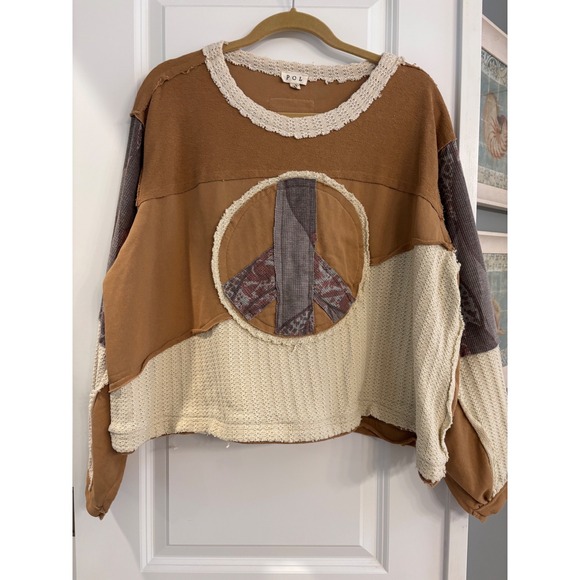 POL Peace Sign Patchwork Sweatshirt Boho Mixed Media Top Brown Size Small - Picture 2 of 6